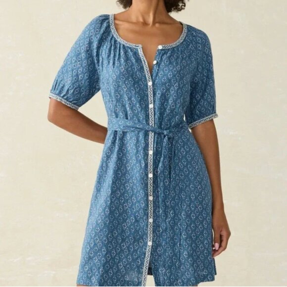 Faherty Carmel Linen Button-up Minidress In Key Largo Blue - Picture 1 of 8